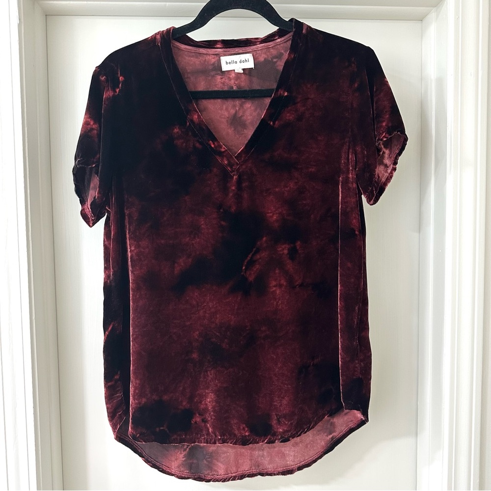 Bella Dahl Deep Burgundy Velvet Blouse, Short Sleeve, Size S